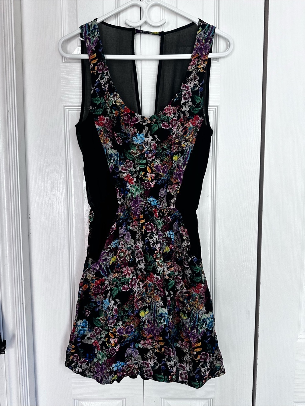 Unbranded Floral Mini Dress Womens S Black Multi Excellent Mesh Back V-Neck
